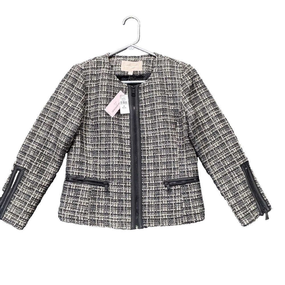 Banana Republic Jacket Womens 4P Black White Tweed Boucle Moto Zip Front Petite